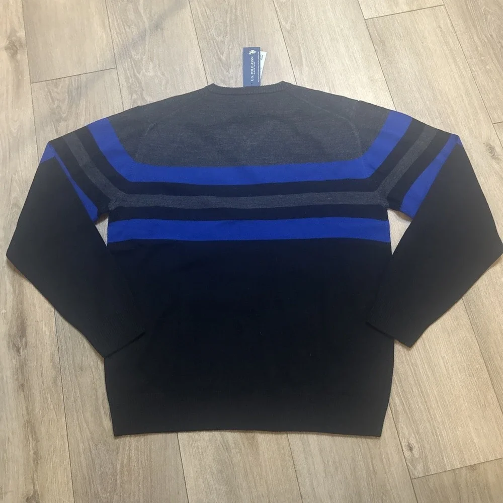 U.S. Polo Assn. Men's Long Sleeve Stripe V Neck Sweater‎ Black Blue Size Large
